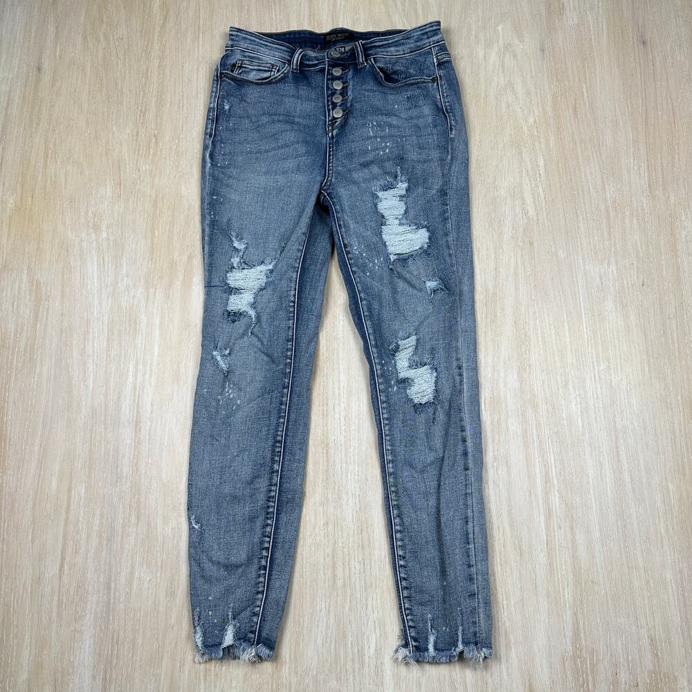 Judy Blue Distressed Button Fly Skinny Fit Grunge Rocker Chic Denim Jeans 28